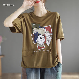 Áo T-shirt linen dệt kim ngắn tay cổ tròn in mặt chú gấu - NU8537