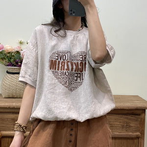 Áo T-shirt linen ngắn tay in typography trái tim - NU8518