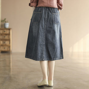 Chân váy denim lưng thun thêu hai chú mèo - V005