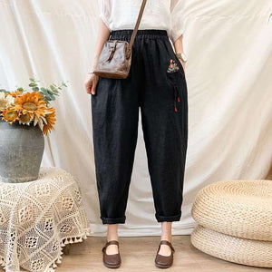 Quần baggy linen lưng thun thêu giỏ hoa - NU7316