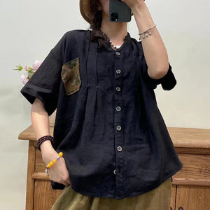 Áo sơ mi linen ngắn tay cổ V một túi in hoa lá - NU8643
