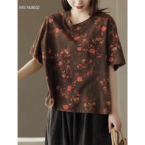 Áo T-shirt ngắn tay cổ tròn in hoa lá đơn sắc - NU8630