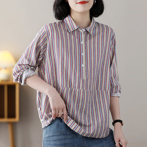 Áo sơ mi linen dài tay cổ đức kẻ sọc khuy vạt áo - NU8457