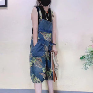 Quần baggy yếm denim retro in hoa lá hai túi hộp - NU7306