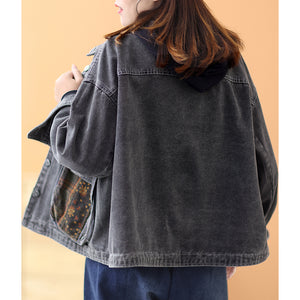Áo khoác denim dài tay cổ đức hai túi tròn phối hoa lá - NU7893