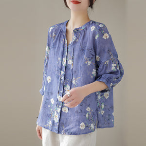Áo sơ mi linen tay lửng cổ tròn cột dây in hoa lá - NU8533