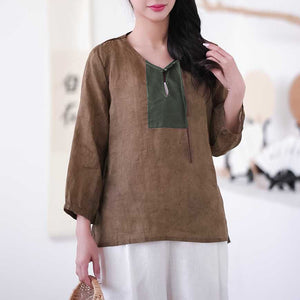 Áo sơ mi linen dài tay cổ V phối mảng màu - NU8214
