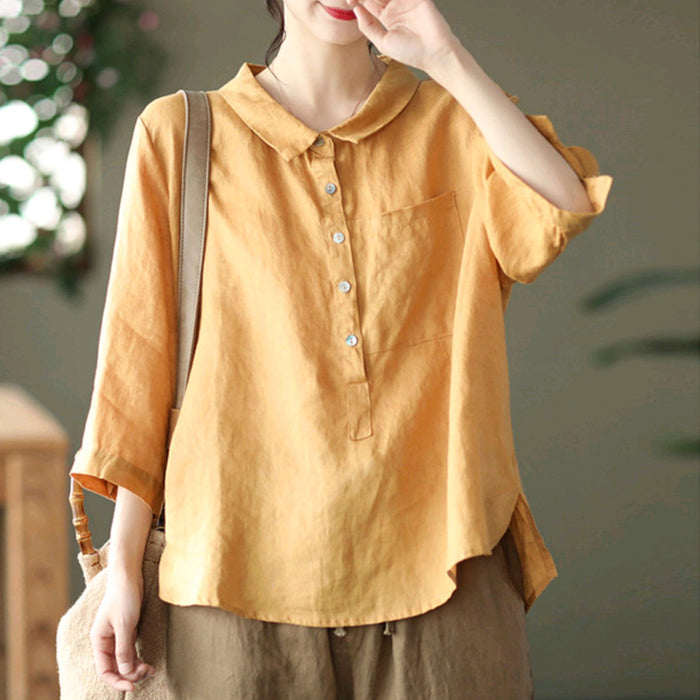 Áo sơ mi linen ngắn tay cổ đức khuy cài sát túi - NU5604