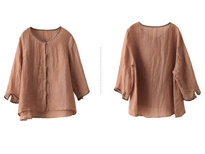 Áo sơ mi linen tay lửng cổ tròn bo viền khuy đôi - NU7408