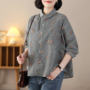 Áo sơ mi dài tay cổ pipi một túi in hoa lá vạt mullet - NU8237