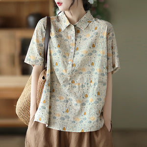 Áo sơ mi linen ngắn tay cổ đức in những chú cú ngộ nghĩnh - NU7066