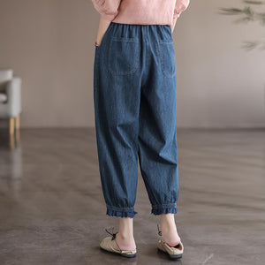 Quần baggy denim thêu hoa gấu thun đính ren - NU7626