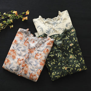 Áo sơ mi linen ngắn tay cổ V đính bèo in hoa lá - NU7300