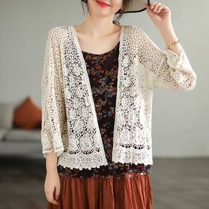 Áo khoác cardigan dệt kim ngắn tay thêu hoa lá - NU7550