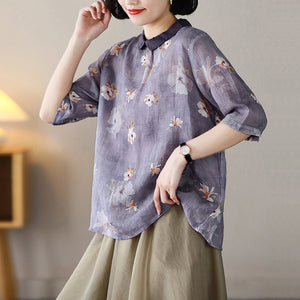 Áo sơ mi linen ngắn tay cổ pipi khuy cài sau in hoa lá - NU7407