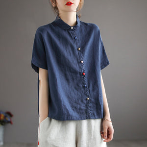 Áo sơ mi linen ngắn tay cổ pipi khuy tròn màu sắc - NU5682