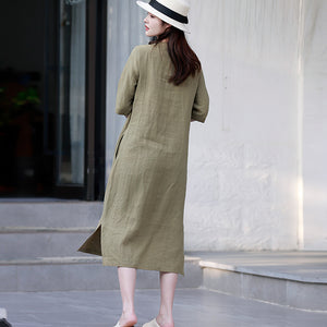 Đầm liền linen ngắn tay cổ tròn một khuy thêu hoa lá - NU8506