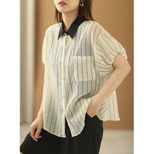 Áo sơ mi linen ngắn tay cổ pipi kẻ sọc bằng chữ - NU7391
