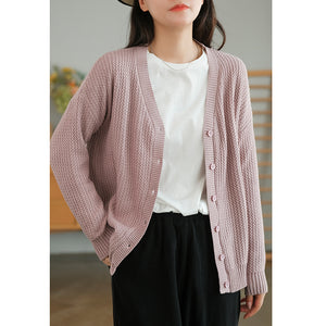 Áo khoác cardigan len đan kiểu bện thừng dài tay cổ V - NU7680