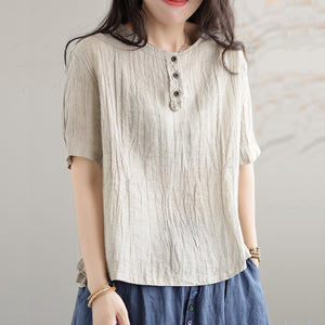Áo T-shirt linen ngắn tay cổ tròn bốn khuy - NU7421