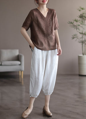 Áo T-shirt linen ngắn tay cổ V thêu hình học đối xứng - NU7330