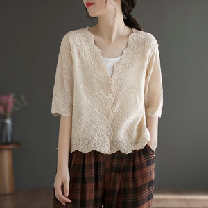 Áo khoác cardigan linen ngắn tay thêu hoa văn cổ V - NU8663