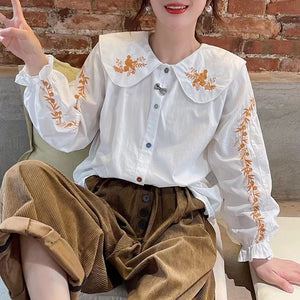 Áo sơ mi linen Morigirl dài tay thêu đối xứng khuy sắc màu - NU8321