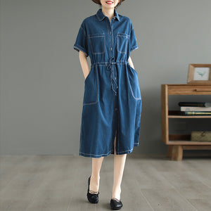 Đầm liền denim ngắn tay cổ đức hai túi vuông cột dây - NU8586