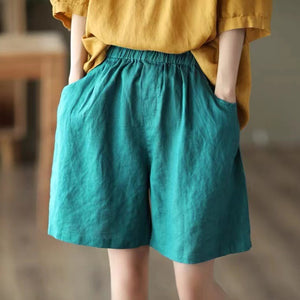 Quần sooc linen lưng thun hai túi chéo một màu - NU7039