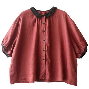 Áo sơ mi linen ngắn tay xếp li cổ pipi - NU7242