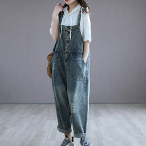 Quần baggy yếm denim retro kiểu nhiều nút - NU6630