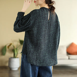 Áo sơ mi linen dài tay cổ tròn in hoa lá liti - NU8147