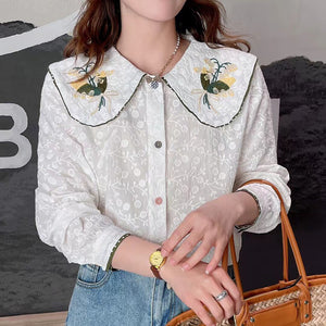 Áo sơ mi linen Morigirl dài tay cổ áo thêu đối xứng - NU8322