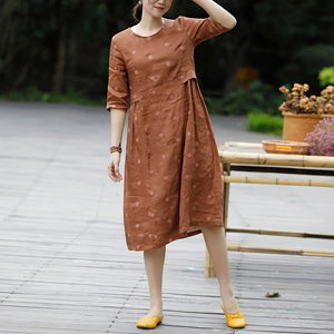 Đầm liền linen ngắn tay cổ tròn thêu những chấm tròn - OD0628