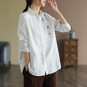 Áo sơ mi linen dài tay cổ đức một màu thêu trừu tượng - NU8150