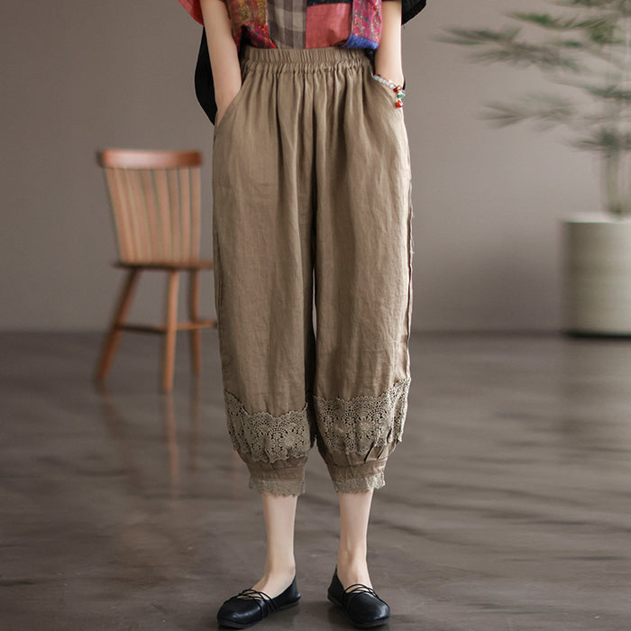Quần baggy linen lưng thun ống túm thêm hoa lá - NU6990
