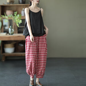 Quần baggy linen lưng thun kẻ sọc caro ống túm - NU7111