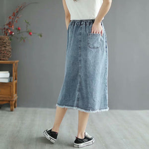 Chân váy denim lưng thun thêu cô bé xẻ tà - NU8658