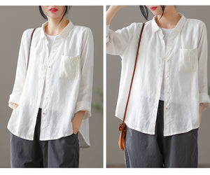 Áo sơ mi linen dài tay cổ pipi một túi xếp ly - NU6760
