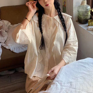 Áo sơ mi linen Morigirl dài tay thêu hoa lá đính ren  - NU8320