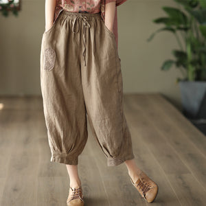 Quần baggy linen lưng thun dây rút thêu hoa hồng - NU7324