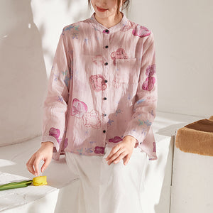 Áo sơ mi linen dài tay cổ đứng in màu nước - NU6735