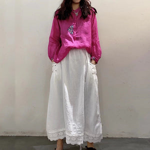 Áo sơ mi linen dài tay cổ tròn thêu hoa văn kiểu viền khuy - NU6783