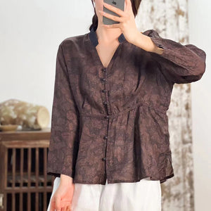 Áo sơ mi linen dài tay cổ V khuy tròn - NU8218