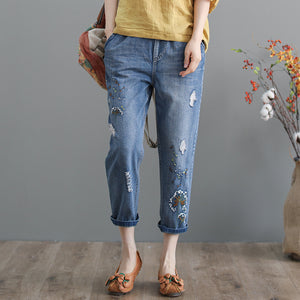 Quần baggy denim thêu hoa bồ công anh - NU3794 - kamaka.vn - thời trang nhật