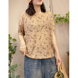 Áo T-shirt ngắn tay dệt kim cổ tròn in hoa lá liti - NU8460