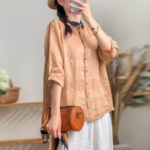 Áo sơ mi linen ngắn cổ pipi thêu hoa bốn cánh - NU7446