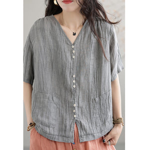 Áo sơ mi linen ngắn tay cổ V hai túi vuông vạt ngang - NU7422