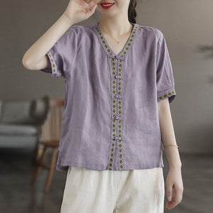 Áo sơ mi linen ngắn tay cổ V khuy tròn hoa văn thổ cẩm - NU6965