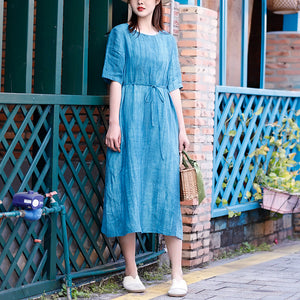 Đầm liền linen ngắn tay cổ tròn một màu hai túi - NU8432